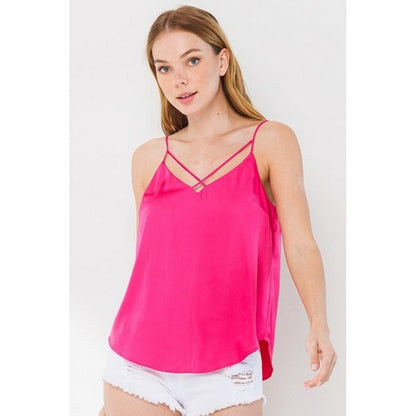 Cross Front Satin Cami Vest Top in Fuchsia
