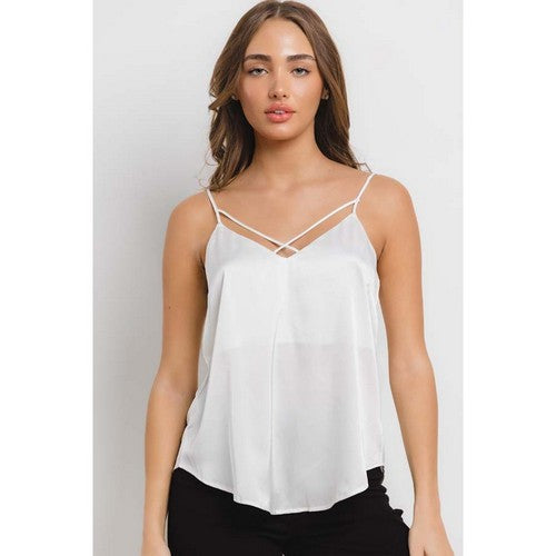 Cross Front Satin Cami Vest Top in White