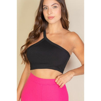 BT5508-F One Shoulder Ribbed Cropped Top in Black