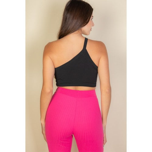 One Shoulder Ribbed Cropped Top in Black