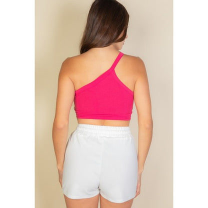 One Shoulder Ribbed Cropped Top in Fuchsia
