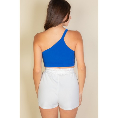 One Shoulder Ribbed Cropped Top in Royal
