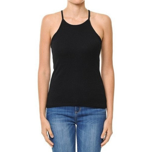 69319 Ribbed Cami Halter Tank in Black