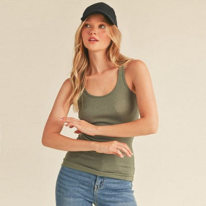 Scoop Neck Rib Racerback Tank in Military Green