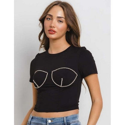 Rhinestone Boob Dressy Crop Tee in Black