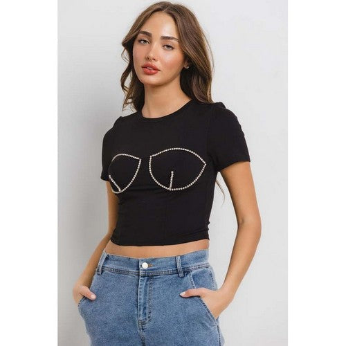 Rhinestone Boob Dressy Crop Tee in Black