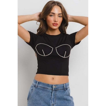 Rhinestone Boob Dressy Crop Tee in Black