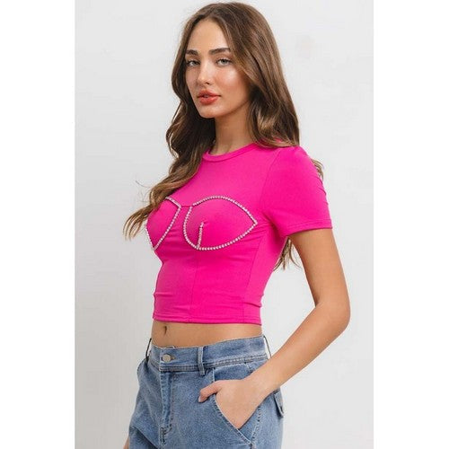 Rhinestone Boob Dressy Crop Tee in Fuchsia