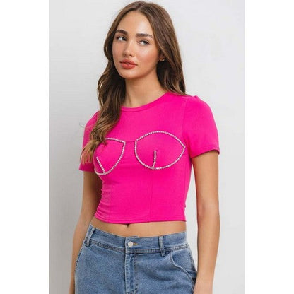 Rhinestone Boob Dressy Crop Tee in Fuchsia