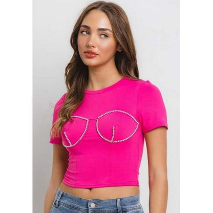 TI9691 Rhinestone Boob Dressy Tee in Pink