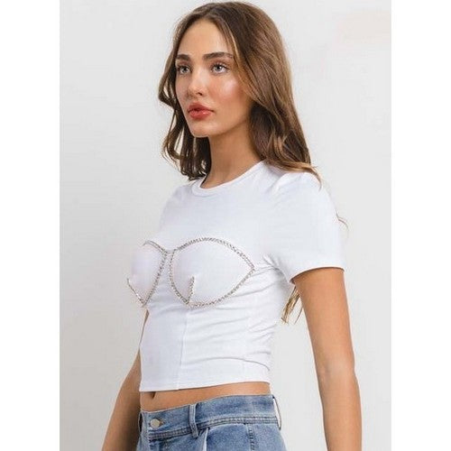 Rhinestone Boob Dressy Crop Tee in White