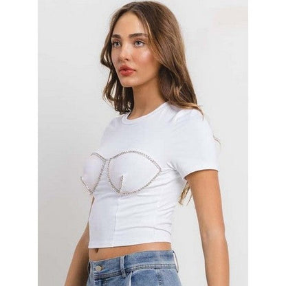 Rhinestone Boob Dressy Crop Tee in White
