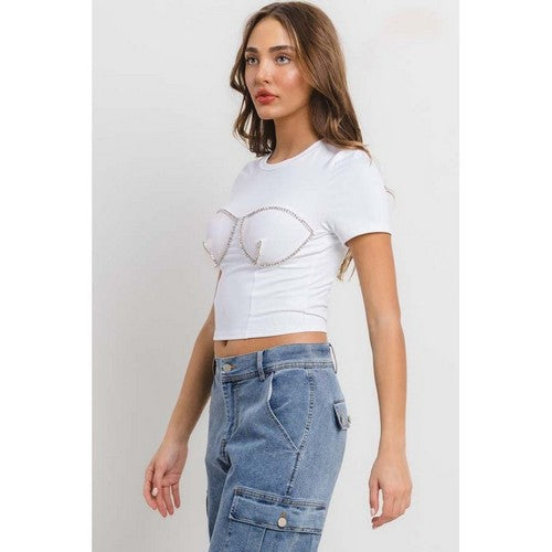 Rhinestone Boob Dressy Crop Tee in White