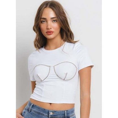 TI9691 Rhinestone Boob Dressy Tee in White