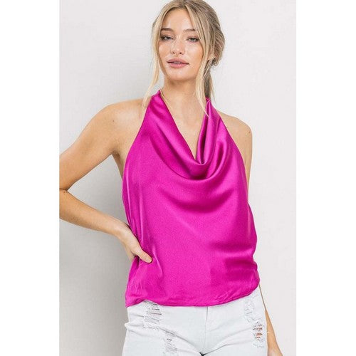 GT5822 Satin Cowl Neck Halter Top in Fuchsia