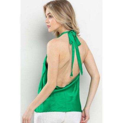 Satin Cowl Neck Halter Top in Kelly Green