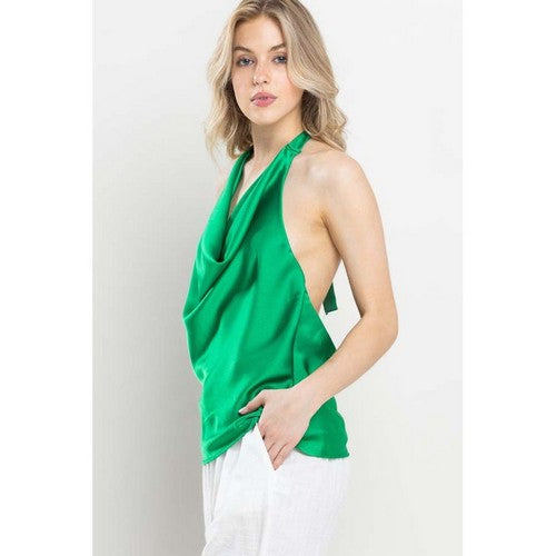 Satin Cowl Neck Halter Top in Kelly Green