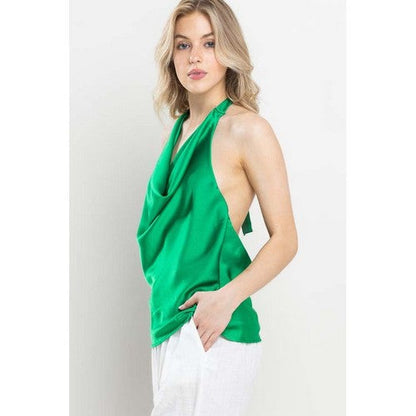 Satin Cowl Neck Halter Top in Kelly Green