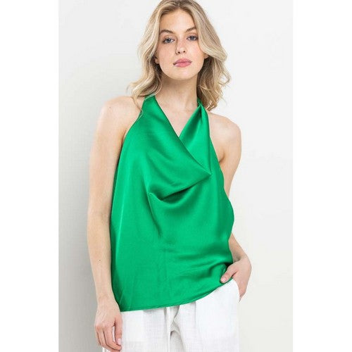 GT5822 Satin Cowl Neck Halter Top in Green