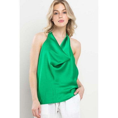 GT5822 Satin Cowl Neck Halter Top in Green