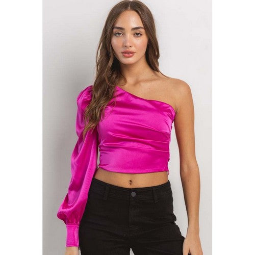 TGI6390 Satin One Sleeve Crop Top in Fuchsia