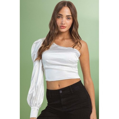 TGI6390 Satin One Sleeve Crop Top in White