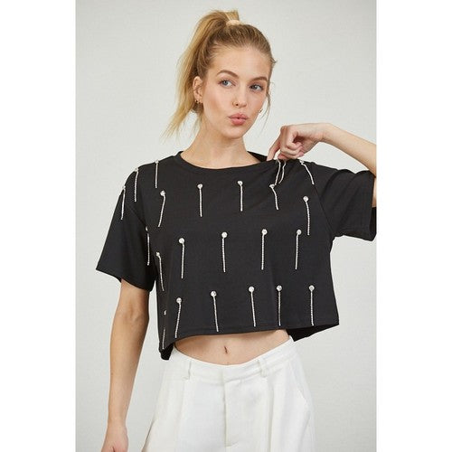 Rhinestone Strand Crop Dressy Tee in Black