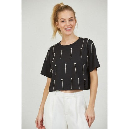 Rhinestone Strand Crop Dressy Tee in Black