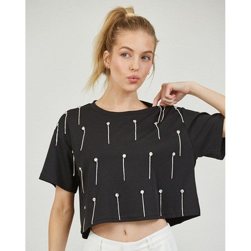 LB1791 Rhinestone Strand Crop Dressy Tee in Black