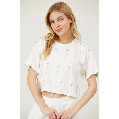 Rhinestone Strand Crop Dressy Tee in White