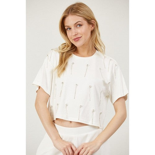 Rhinestone Strand Crop Dressy Tee in White