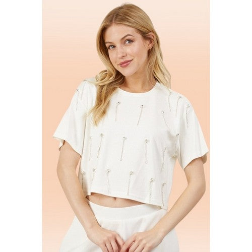 Rhinestone Strand Crop Dressy Tee in White
