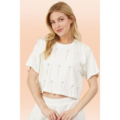 Rhinestone Strand Crop Dressy Tee in White