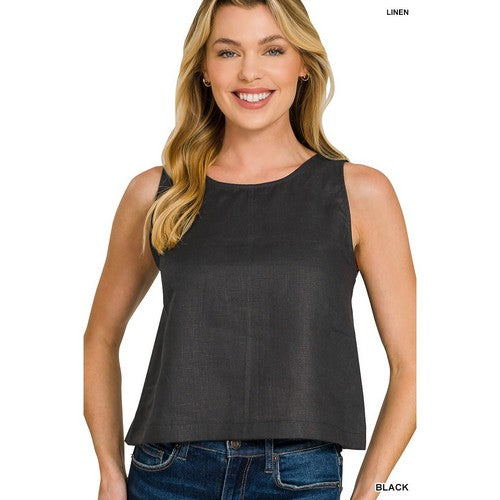 7327Y 100% Linen Sleeveless Blouse in Black
