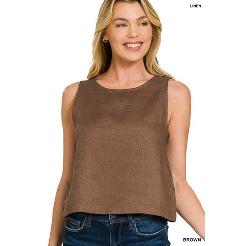 7327Y 100% Linen Sleeveless Blouse in Brown