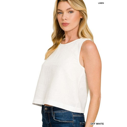 100% Linen Sleeveless Blouse in White