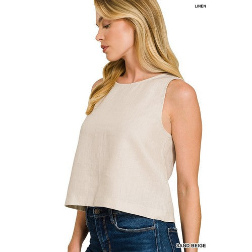 100% Linen Sleeveless Blouse in Sand Beige