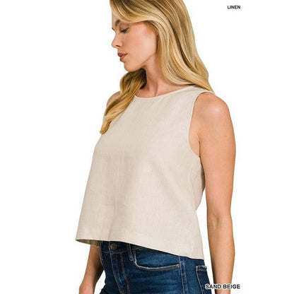 100% Linen Sleeveless Blouse in Sand Beige