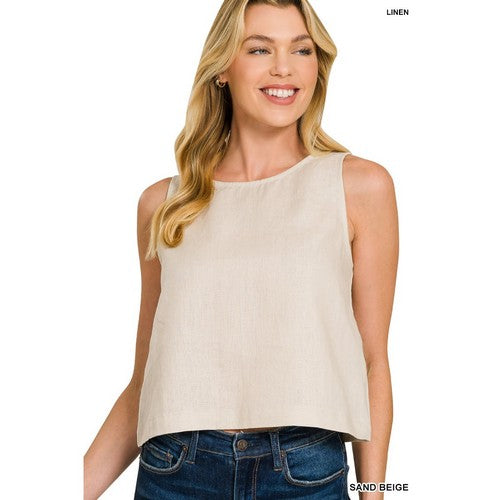 7327Y 100% Linen Sleeveless Blouse in Sand Beige