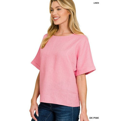 100% Linen Short Sleeve Blouse in Dark Pink