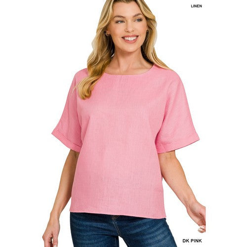 7335Y 100% Linen Short Sleeve Blouse in Dark Pink