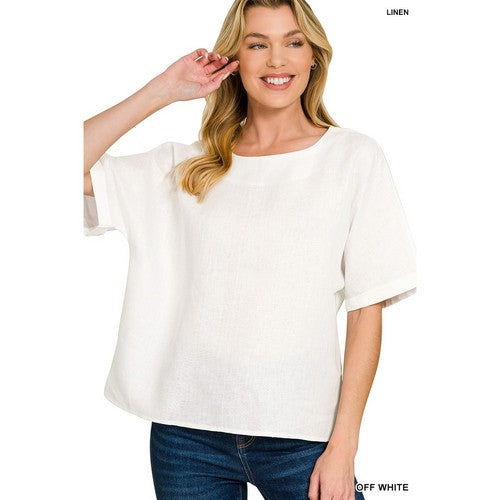 7335Y 100% Linen Short Sleeve Blouse in Off White