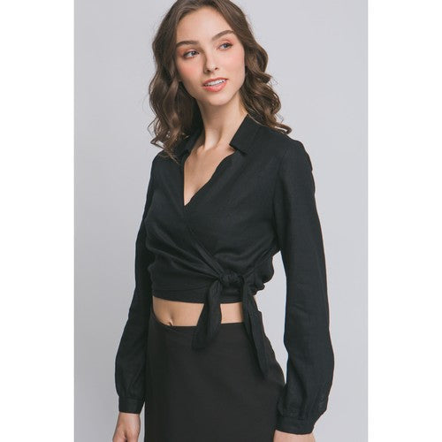 Linen Blend Crop Wrap Over Shirt in Black