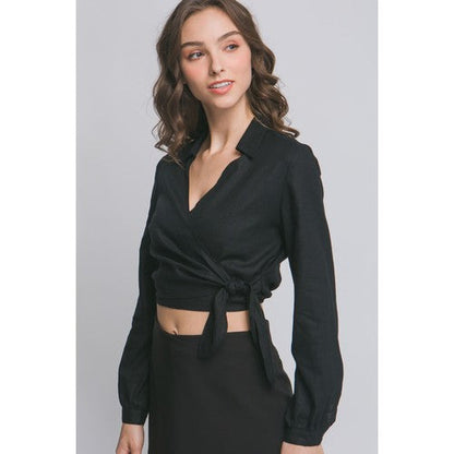 Linen Blend Crop Wrap Over Shirt in Black
