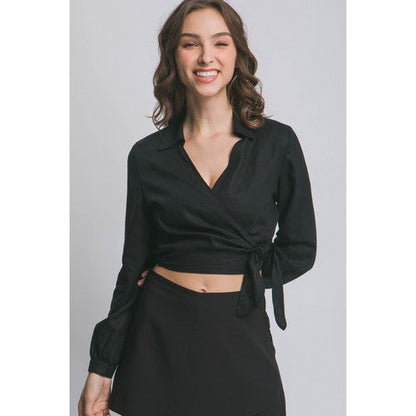 10239TH Linen Crop Wrap Shirt in Black