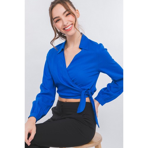 Linen Blend Crop Wrap Over Shirt in Cobalt