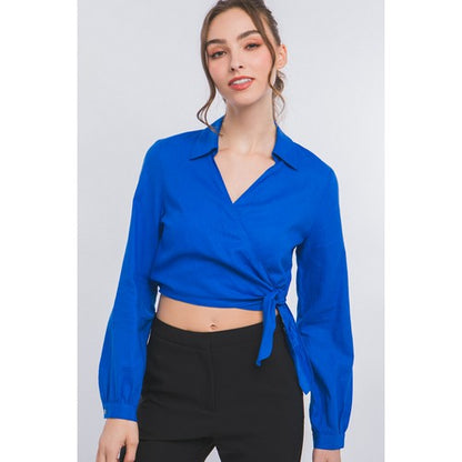 10239TH Linen Crop Wrap Shirt in Cobalt