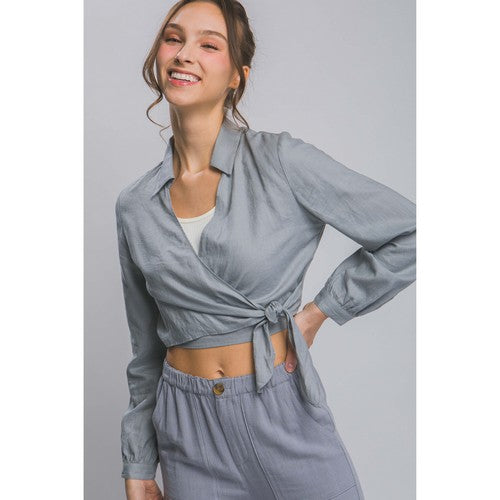 Linen Blend Crop Wrap Over Shirt in Grey