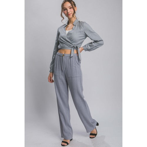 Linen Blend Crop Wrap Over Shirt in Grey