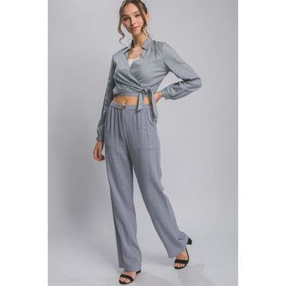 Linen Blend Crop Wrap Over Shirt in Grey